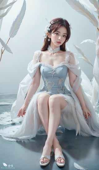 masterpiece, top quality, (arafed woman in a blue dress sitting on the floor that full of white feathers, ethereal beauty, wearing a feather dress, ethereal fantasy, xianxia fantasy, ethereal fairytale, dress made of feathers, blue feathers, incredibly ethereal, soft feather, fantasy beautiful, full body made of white feathers, jingna zhang, white feathers, chinese fantasy, a stunning young ethereal figure), extreme detailed, (abstract, fractal art:1.3), isometric, highest detailed, (feather), ghost.,1 girl,realhands