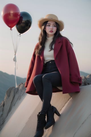 hight quality, realistic, hd, 8 k, beautiful face, araffe woman in red coat and hat sitting on rock with hot air balloons in the background, red fabric coat, red coat, red leather short coat, cool red jacket, full body black and red longcoat, dilraba dilmurat, red jacket, casual clothing style, red clothes, straw hat and overcoat, colorful with red hues