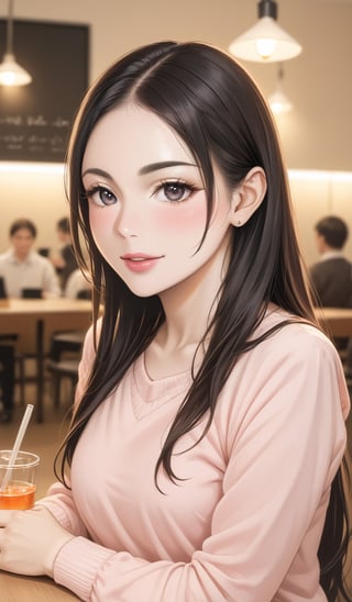 Photo of beautiful woman, in a pink shirt, with long black hair, sitting in a cafe, with sharp focus on her face, in bright lighting, photorealistic, taken with a Canon EOS R7 camera, Portrait photography --ar 7:13 --s 750 --c 1 --v 6.0 --style raw