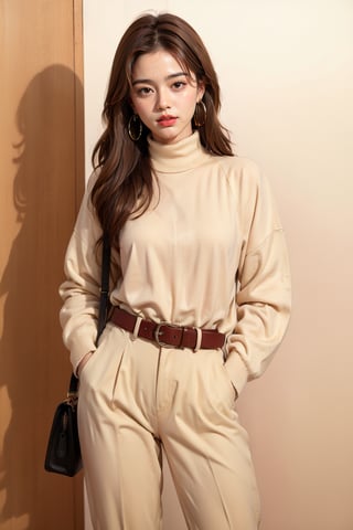 1girl, solo, long hair, looking at viewer, brown hair, long sleeves, white background, jewelry, standing, cowboy shot, earrings, parted lips, belt, pants, bag, sweater, lips, turtleneck, hoop earrings, hands in pockets, red lips, brown belt, white sweater