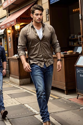 solo, shirt, black hair, 1boy, full body, male focus, shoes, pants, plaid, facial hair, denim, beard, walking, watch, jeans, realistic, mustache, wristwatch, plaid shirt