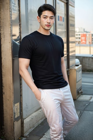 solo, looking at viewer, short hair, shirt, black hair, 1boy, standing, short sleeves, male focus, outdoors, sky, day, tongue, pants, black shirt, facial hair, t-shirt, building, beard, watch, realistic, white pants, hands in pockets, mustache, wristwatch, photo background