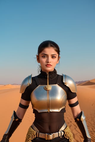 A striking portrait of a female Fremen warrior standing defiantly against the unforgiving sands of Arrakis. Clad in intricately designed, sand-resistant armor, she exudes determination and strength. Her gaze pierces through the vast expanse of dunes, where hidden threats lurk. The swirling sands create a dynamic movement around her, highlighting her poised posture. Wielding a glistening crysknife, which reflects the scorching sunlight, she embodies the duality of weapon and survival tool. This portrait encapsulates the unwavering resilience and prowess of a fierce woman, a warrior navigating the treacherous yet breathtaking wilderness of Frank Herbert's Dune universe.