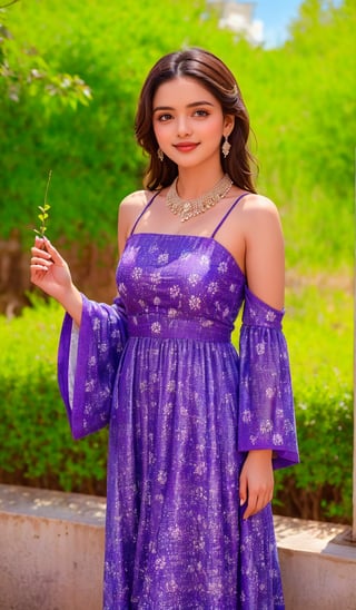 A young woman with bright smile, wearing a lightweight, floral-patterned sundress with flowing sleeves and a relaxed fit, stands against a serene background of lush greenery and blue sky, sunlight casting warm highlights on her hair and shoulders as she gazes directly at the camera with carefree expression.