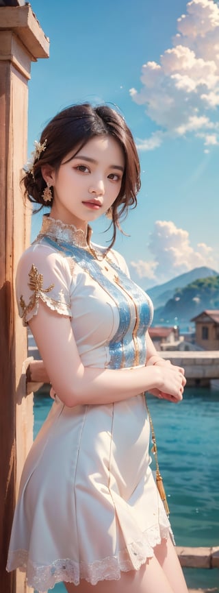 Byzantine girl with blue sky and white clouds background, sexy outfit, upper body, front view, (Masterpiece, Top Quality, Top Image Quality, Official Art, Aesthetic and Beautiful:1.2), (1girl:1.4), white beautiful skin, smiling face, portrait, extreme color, highest definition, simple background, 16K, high resolution Perfect Dynamic Composition, Bokeh, (Sharp Focus:1.2), Ultra Wide Angle, High Angle, High Color Contrast, Medium Shot, Depth of Field, Background Blur,,itacstl