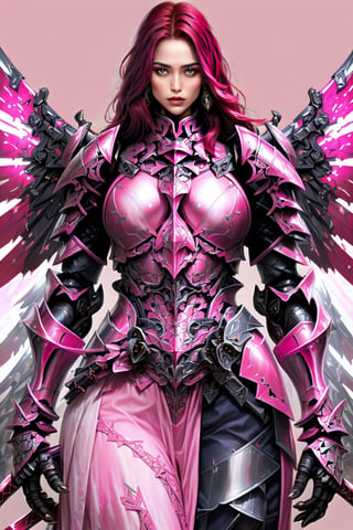 (masterpiece, best quality:1.2), Character design, ((1mecha girl, solo)), warrior of xian, slim body, medium chest, skinny waist, ((long deep red hair)). blue eyes. (((pink fantasy armor a female knight in a pink full armor))), (((big pauldrons, intricate details))), (((large armor wings))), (((advanced weapon fantasy plasma sword in right hand))), (standing), plain gray background, masterpiece, HD high quality, 8K ultra high definition, ultra definition,1 girl,Masterpiece