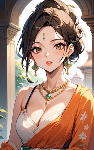 score_9,score_8_up,score_7_up, 1girl, solo, breasts, looking at viewer, brown hair, black hair, hair ornament, dress, sari, cleavage, brown eyes, jewelry, medium breasts, collarbone, upper body, earrings, necklace, hair bun, lips, makeup, sari, single hair bun, gem, full body, head to toe. 