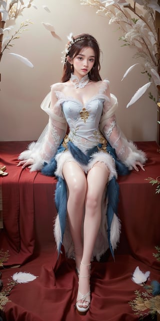 masterpiece, top quality, (arafed woman in a blue dress sitting on the floor that full of white feathers, ethereal beauty, wearing a feather dress, ethereal fantasy, xianxia fantasy, ethereal fairytale, dress made of feathers, blue feathers, incredibly ethereal, soft feather, fantasy beautiful, full body made of white feathers, jingna zhang, white feathers, chinese fantasy, a stunning young ethereal figure), extreme detailed, (abstract, fractal art:1.3), isometric, highest detailed, (feather), ghost.,1 girl,realhands