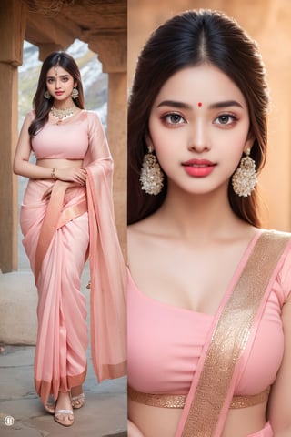 Indian beautiful and hot style bhabhi look wearing in Vyjayanthimala,Rekha , age 35, realistic body skin, brown eye ,white teeth, tilak on forhead ((wearing pink saree black blouse)),neckless and earring, Makeup, beautiful, detailed eyes,detailed lips,portrait,endless beauty,Milf, smile on face,((stading in front of kedarnath temple))red lipstik,pov_eye_contact,A gorgeous hindu indian girl,very fit, very toned, very athletic, naughty poses, hyperdetailed,full body, head to toe
,Anime Style, 