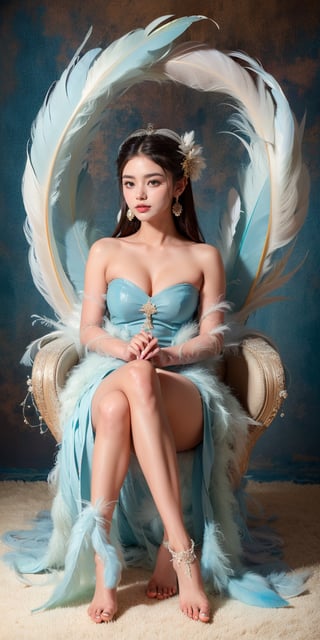 masterpiece, top quality, (arafed woman in a blue dress sitting on the floor that full of white feathers, ethereal beauty, wearing a feather dress, ethereal fantasy, xianxia fantasy, ethereal fairytale, dress made of feathers, blue feathers, incredibly ethereal, soft feather, fantasy beautiful, full body made of white feathers, jingna zhang, white feathers, chinese fantasy, a stunning young ethereal figure), extreme detailed, (abstract, fractal art:1.3), isometric, highest detailed, (feather), ghost.,1 girl,realhands