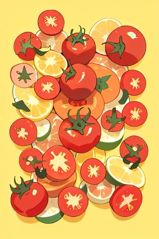 high quality, cartoon, patterns, module, slices, open, tomatoes, cut, yellow background, no leaves, overhead shot