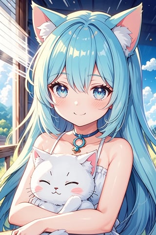  Masterpiece, best quality, extremely detailed, (illustration, official art: 1.1), 1 girl, ((light blue long hair))), light blue hair, 10 years old, ((blush)), cute face, big eyes, masterpiece, best quality, ((a very delicate and beautiful girl)))), amazing, beautiful detailed eyes, blunt bangs (((little delicate girl)))), tareme (true beautiful: 1.2),Official art、Top quality ultra-detailed CG art、a beauty girl：１.２）、lightblue hair、Glossy hair、 , ,smile,masterpiece, highres, best quality,1girl, smile,(white Cat cuddling､) anime girl with blue hair and white cat ears sleeping in the clouds, top rated on pixiv, pixiv, cute anime catgirl, pixiv contest winner, pixiv style, nightcore, anime girl with cat ears, ahri, trending on artstation pixiv, pixiv trending, beautiful anime catgirl, very beautiful anime cat girl, pixiv daily ranking(((white cat))),(((white cat))) ,,,pastelbg,light