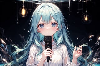 masterpiece, best quality, extremely detailed, (illustration, official art: 1.1), 1 girl, ((light blue long hair))), light blue hair, 10 years old, long hair ((blush)), cute face, big eyes, masterpiece, best quality, ((a very delicate and beautiful girl))))), amazing, beautiful detailed eyes, blunt bangs ((((little delicate girl)))), tareme, long hair cute anime faces, detailed light, parted lips, shiny, beautiful detailed face, long hair, pale long hair, smile, looking at viewer, jewelry, lips, small breasts,(masterpiece:1.2), best quality,PIXIV,Colorful portraits, 1girl, solo, looking at viewer, holding, blue eyes, camera, bangs, blush, holding camera, long hair, long sleeves, upper body, blurry,hands up, triangle, sweater, depth of field, light particles, covered mouth, fingernails,Bubble, under the water, Air bubble,bright light blue eyes,Bright eyes like sapphires, flourescent blue, , fingernails,Bubble, under the water, Air bubble,bright light blue eyes,Bright eyes like sapphires, flourescent blue, ,,,Cold background,、glass shards、 under the water,
