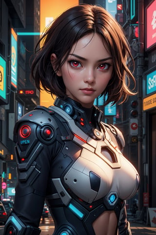 (hyper-realistic image), (masterpiece), (unsurpassed image quality), (full hd), (perfect image quality), (ultra detailed image), beautiful, realistic and extremely detailed skin, best quality, extremely detailed face, vibrant colors, depth of field, cinematic lighting, 1 girl, Asian features, red eyes, (upper body),(serious face), (medium breasts), ((symmetrical breasts)), ((wearing futuristic police armor )), ((with a beautiful cyberpunk style urban background)),
