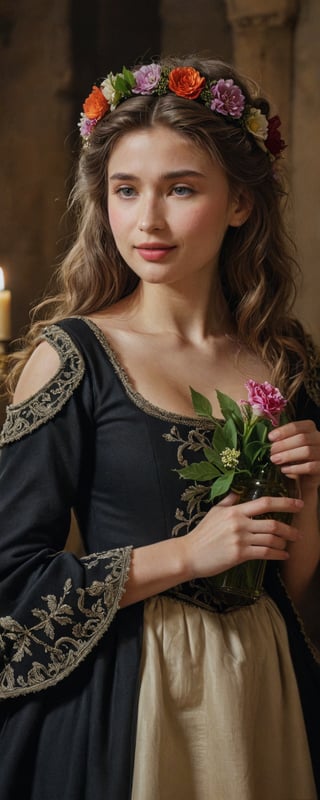 (masterpiece, best quality, ultra-detailed, 8K),high detail, realisitc detailed,
a sexy young princess with flowy hair over shoulders in the dark, medieval gown , cuddling a bottle of stout, wreath, detailed eyes, soft skin, kind smile, glossy lips, details of colorful flowers,
a serene and contemplative mood,well lit  background consists of a medieval castle chamber,