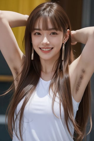 1girl, solo, long hair, looking at viewer, smile, bangs, brown hair,  jewelry, upper body, naked_boots , earrings, teeth, blunt bangs, grin, black eyes, lips, realistic, photo inset, armpit_hair , armpit hair:1.4,Pubic hair