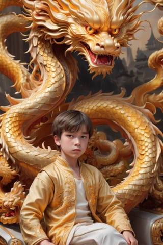 (close view, masterpiece, best quality, highres), 1boy, neuvillette, upper body, looking at viewer, serious expression, (detailled background, sitting on a throne),dragon chinese,golden dragon