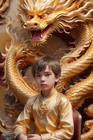 (close view, masterpiece, best quality, highres), 1boy, neuvillette, upper body, looking at viewer, serious expression, (detailled background, sitting on a throne),dragon chinese,golden dragon