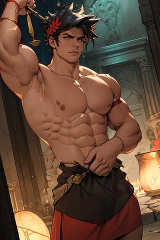 Zagreus stands confidently, his massive physique dominating the darkened temple's dimly lit chamber. His broad shoulders and powerful arms are accentuated by the shadows, while his chiseled chest and defined abs seem to gleam in the faint torchlight. The air is thick with ancient incense as Zagreus' piercing gaze casts an unyielding glare, his presence commanding attention.