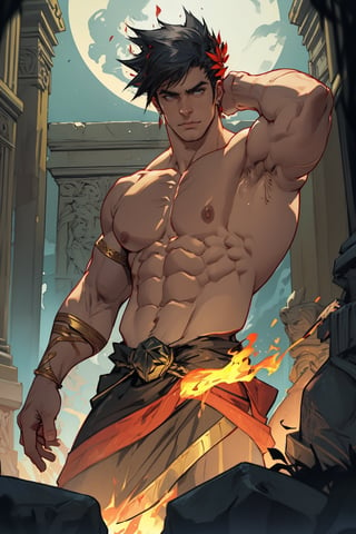 Zagreus stands confidently, his massive physique dominating the darkened temple's dimly lit chamber. Framed by shadows, his broad shoulders and powerful arms accentuate his imposing stature. Torchlight dances across his chiseled chest and defined abs, casting a faint glow on his bronzed skin. Ancient incense wafts through the air as he casts an unyielding glare, his piercing gaze commanding attention amidst the temple's mystique.