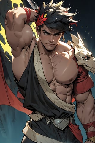 Close-up shot of Zagreus's imposing figure, his broad shoulders and powerful physique dominating the frame. Strong lighting accentuates the definition in his muscles as he stands confidently, one hand resting on the hilt of his sword. The dark background allows his bold features to take center stage, emphasizing his rugged charm.