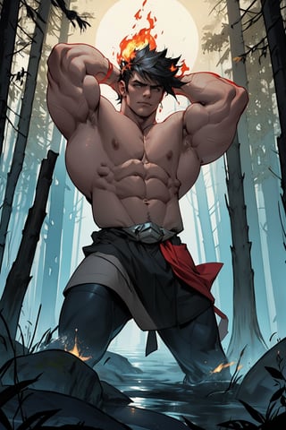 Zagreus stands confidently in a darkened, misty forest, his powerful muscular body shape radiating intensity as he flexes his massive arms, the moonlight casting an eerie glow on his chiseled physique. His eyes burn with an inner fire, as if fueled by ancient powers.