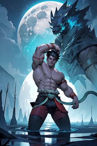 A darkened, eerie landscape serves as the backdrop for Zagreus, his imposing physique radiating power and menace. His massive muscles ripple beneath his skin as he flexes, veins bulging like snakes under the moon's pale light. The air is heavy with an otherworldly energy, as if the very fabric of reality trembles in response to his mighty form.