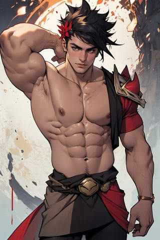 Zagreus showing his large muscular body without coverings on his chest, arms and shoulders 