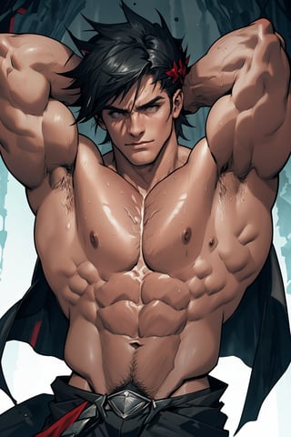 Close-up shot of Zagreus' imposing physique: rippling muscles bulge beneath his dark, scaly skin as he flexes his powerful arms, veins stark against the eerie dim lighting. Shadows dance across his chiseled chest and abs, accentuating his Herculean build in a dark, damp cave-like setting.