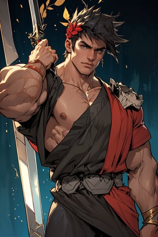 Close-up shot of Zagreus's imposing figure, his broad shoulders and powerful physique dominating the frame. Strong lighting accentuates the definition in his muscles as he stands confidently, one hand resting on the hilt of his sword. The dark background allows his bold features to take center stage, emphasizing his rugged charm.