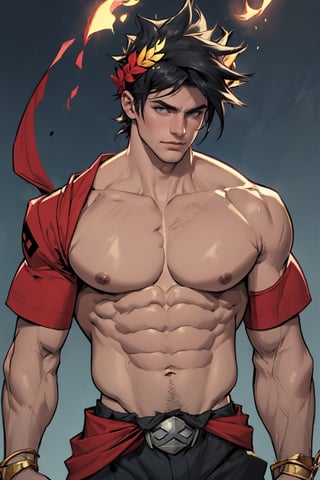 Zagreus with large muscular body shape without clothing on his chest, shoulders and arms