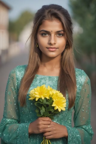 Indian Girl, 20 year old, Hasselblad Award Winner, 50mm, a very cute finnish girl, modelling pose, front facing, pony hair,loving, confident, sparkling seagreen eyes, Brown half-up half-down hairstyle , glossy buff skin texture, sweet and tender girl, adorable face, warm light, long_sleeve yellow dress with purple flowers on it, walking with handbag, fashion show, lighting