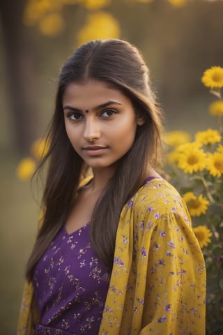 Indian Girl, 20 year old, Hasselblad Award Winner, 50mm, a very cute finnish girl, Diffrent modelling pose, front facing, pony hair, loving, confident, sparkling yes, Dark Brown half-up half-down hairstyle , glossy buff skin texture, sweet and tender girl, adorable face, warm light, long sleeve Yellow dress with purple flowers Print,