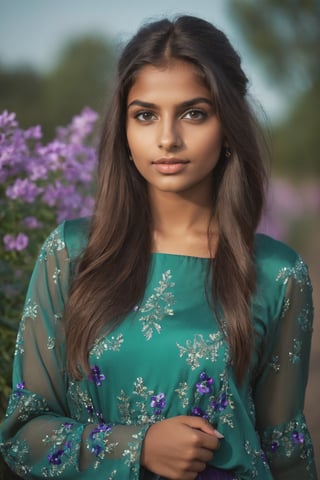 Indian Girl, 20 year old, Hasselblad Award Winner, 50mm, a very cute finnish girl, modelling pose, front facing, pony hair, loving, confident, sparkling eyes, dark Brown half-up half-down hairstyle , glossy buff skin texture, sweet and tender girl, adorable face, warm light, long sleeve seagreen dress with purple flowers print, walking with handbag, fashion show, lighting