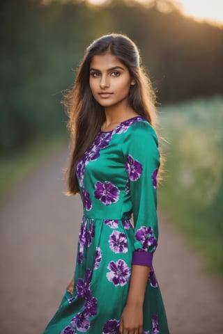 Indian Girl, 20 year old, Hasselblad Award Winner, 50mm, a very cute finnish girl, modelling pose, front facing, pony hair, loving, confident, sparkling eyes, dark Brown half-up half-down hairstyle , glossy buff skin texture, sweet and tender girl, adorable face, warm light, long sleeve seagreen dress with purple flowers print, walking with handbag, fashion show, lighting