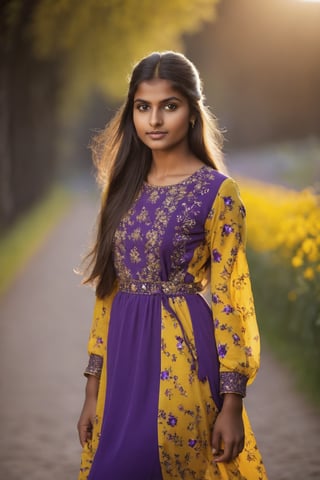 Indian Girl, 20 year old, Hasselblad Award Winner, 50mm, a very cute finnish girl, modelling pose, front facing, pony hair, loving, confident, sparkling eyes, dark Brown half-up half-down hairstyle , glossy buff skin texture, sweet and tender girl, adorable face, warm light, long sleeve yellow dress with purple flowers print, walking with handbag, fashion show, lighting