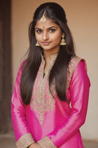 Indian bold Girl, 20 year old, Hasselblad Award Winner, 80mm, a very cute finnish girl, modelling pose, right facing, pony hair, loving, confident, sparkling yes, Dark Brown half-up half-down hairstyle , glossy buff skin texture, sweet and tender girl, adorable face, warm light, pink salwar kameez