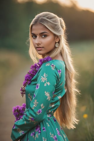 Indian Girl, 20 year old, Hasselblad Award Winner, 50mm, a very cute finnish girl, Diffrent modelling pose, front facing, pony hair, loving, confident, sparkling yes, blonde half-up half-down hairstyle , glossy buff skin texture, sweet and tender girl, adorable face, warm light, long sleeve seagreen dress with purple flowers Print,