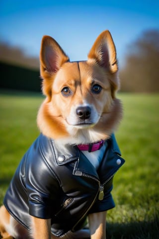 A cute dog wearing a stylish leather jacket, confidently looking at the camera, high definition photo, high quality picture, detailed fur texture, sharp focus, perfectly captured moment, fashion-forward, trendy, adorable, captivating, eye-catching, a masterpiece of pet photography, trending on social media, Instagram-worthy, professional lighting, expertly composed, highly saturated colors, vibrant, striking, picture-perfect, a work of art by renowned pet photographer, trendy pet fashion, effortlessly stylish, sure to melt hearts, magazine-worthy shot, capturing the essence of cuteness, charismatic.