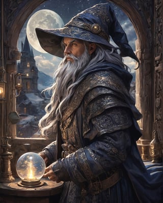 {(with a beauitful moonlight as background the wise wizard star gaze from the window of his alchemy lab while contemplate the fullness of all beings:1.5)}, {(best quality masterpiece:1.5)}, (ultra detailed face, ultra detailed eyes, ultra detailed mouth, ultra detailed body, ultra detailed hands, detailed clothes), (immersive background + detailed scenery), {symmetrical intricate details + symmetrical sharpen details}, {(aesthetic details + beautiful details + harmonic details)}