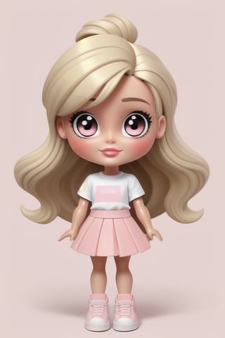 A western Barbie doll with a cute face and blonde hair with a big pink clip. Wear a white shirt and a short pink skirt. white sneakers Pastel pink background