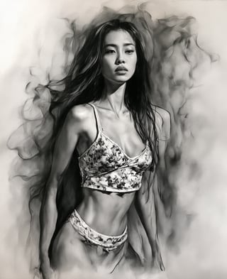 Half body, charcoal, A portrait of a beautiful young Thai woman painted with the delicate technique of Chinese alcohol ink. She is wearing a cool summer floral undershirt, with long flowing hair, . This is a full-body close-up, emphasizing her beautiful figure and the white porcelain texture of her skin. She stands quietly in the crowd, surrounded by a mysterious smoke. The painting is dominated by vivid colors, realistic techniques, and cinematic lighting effects. The ink-play technique emphasizes the dynamism and tension of the painting, creating a lively yet mysterious and violent atmosphere., alcochse