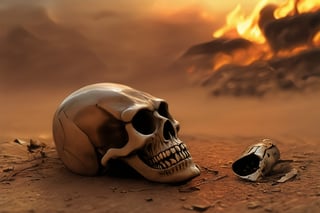 (((broken toy))), skull, deser is on fire in the distance, serenity,  low-key,in ,digital artwork by Beksinskiart