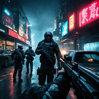 Hyper-realistic FPS game screenshot, body cam-style POV. Gritty cyberpunk cityscape - neon signs, holographic ads, rain-slicked streets. Armed enemies in high-tech gear taking cover behind futuristic vehicles. Weapon visible at bottom of frame, holographic HUD overlay. Muzzle flashes, bullet impacts. Slight camera shake for realism. Steam rising from vents. Lens flares from neon. Grime and scratches on camera lens. Intense, immersive atmosphere