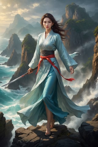 perfect face, beautiful eyes, delicate lips, Chinese swordswoman, holding a big long sword, elegant clothing, standing on a rocky cliff, rough waves below the cliff, sunlight filtering through the clouds, dramatic lights and shadows, bright colors, sonorous and powerful gestures, following the wind flowing hair, poised, Chinese landscape painting, realistic, best quality, 4k, 8k