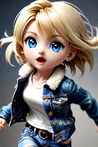 A girl with short blond hair, blue eyes, white top, denim jacket, jeans, running pose, realistic photo style, close up,ral-chrcrts,chibi,DonMF43XL