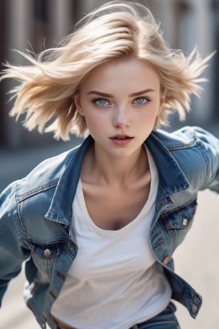 A girl with short blond hair, blue eyes, white top, denim jacket, jeans, running pose, realistic photo style, close up