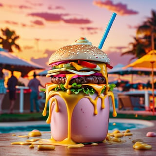 (+18) , nsfw, 

cheeseburger splashed into a pool of milkshake,Super real  photo,Best quality,masterpiece,ultra high res,booth,,food focus,still life,food,simple background,sunset view background,,