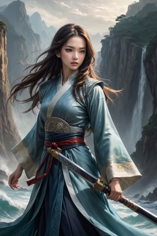 perfect face, beautiful eyes, delicate lips, Chinese swordswoman, holding a big long sword, elegant clothing, standing on a rocky cliff, rough waves below the cliff, sunlight filtering through the clouds, dramatic lights and shadows, bright colors, sonorous and powerful gestures, following the wind flowing hair, poised, Chinese landscape painting, realistic, best quality, 4k, 8k