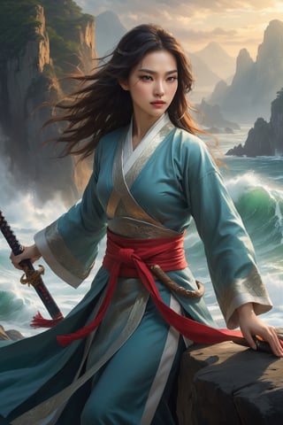 perfect face, beautiful eyes, delicate lips, Chinese swordswoman, holding a big long sword, elegant clothing, standing on a rocky cliff, rough waves below the cliff, sunlight filtering through the clouds, dramatic lights and shadows, bright colors, sonorous and powerful gestures, following the wind flowing hair, poised, Chinese landscape painting, realistic, best quality, 4k, 8k